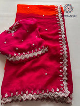 Load image into Gallery viewer, New Partywear Soft Georgette Pink n Orange Pedding Color Sequence Embroidery n Cut Work Fancy Designer Saree With Blouse
