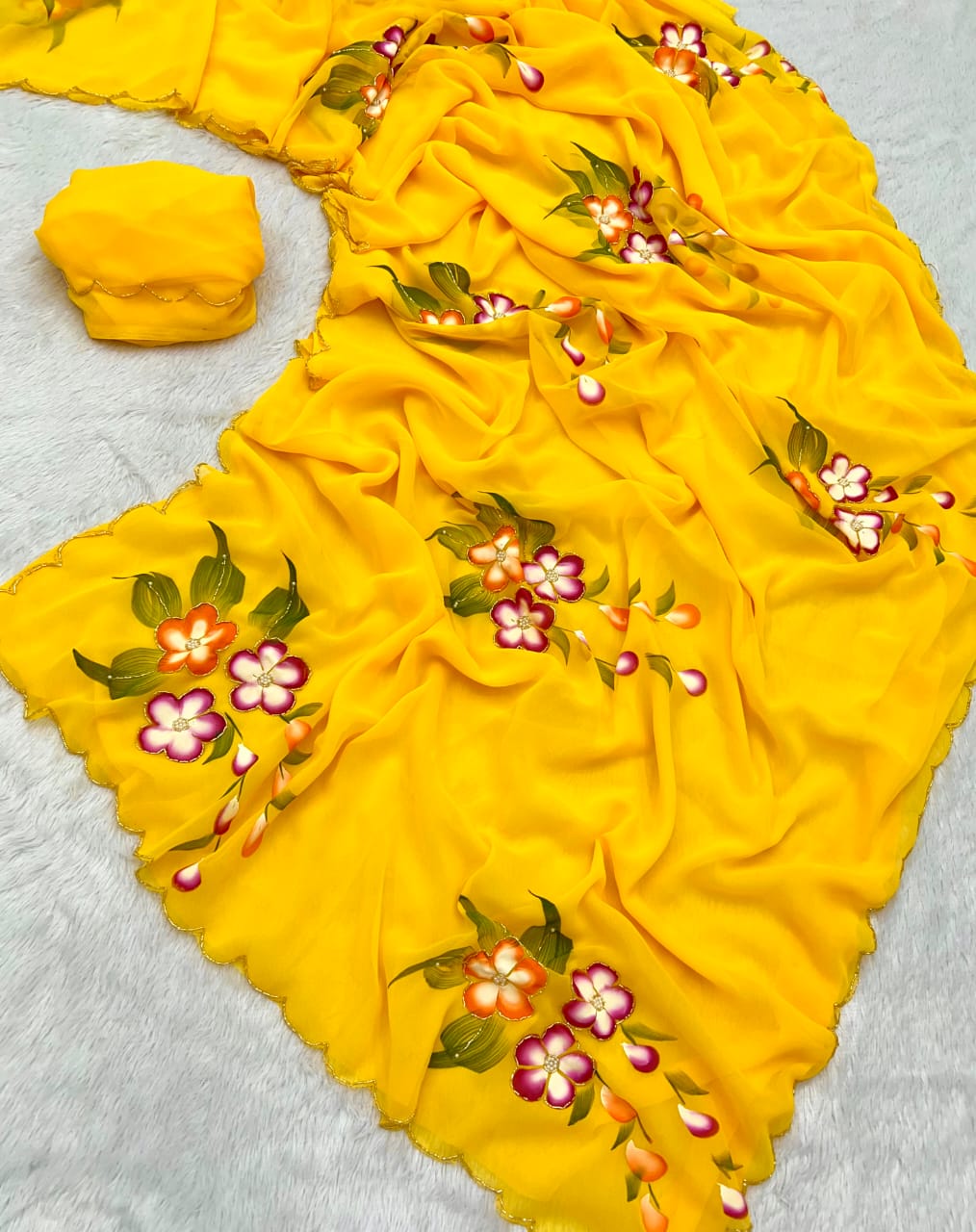 Faux Georgette Fancy Designer Hand Work n Hand Paint Work Fancy Designer Wedding Wear Saree With Blouse