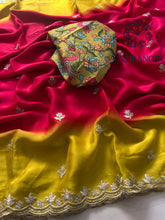 Load image into Gallery viewer, New Hand Dyeing Chinnon Fabric Zari Embrodiered n Acra Border Work Stylish Designer Partywear Saree
