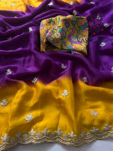 Load image into Gallery viewer, New Hand Dyeing Chinnon Fabric Zari Embrodiered n Acra Border Work Stylish Designer Partywear Saree
