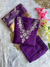 Load image into Gallery viewer, New Wedding Wear Purple Color Roman Silk Embroidery n Sequence Work Designer Straight Kurta With Trouser n Dupatta Set
