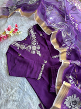 Load image into Gallery viewer, New Wedding Wear Purple Color Roman Silk Embroidery n Sequence Work Designer Straight Kurta With Trouser n Dupatta Set
