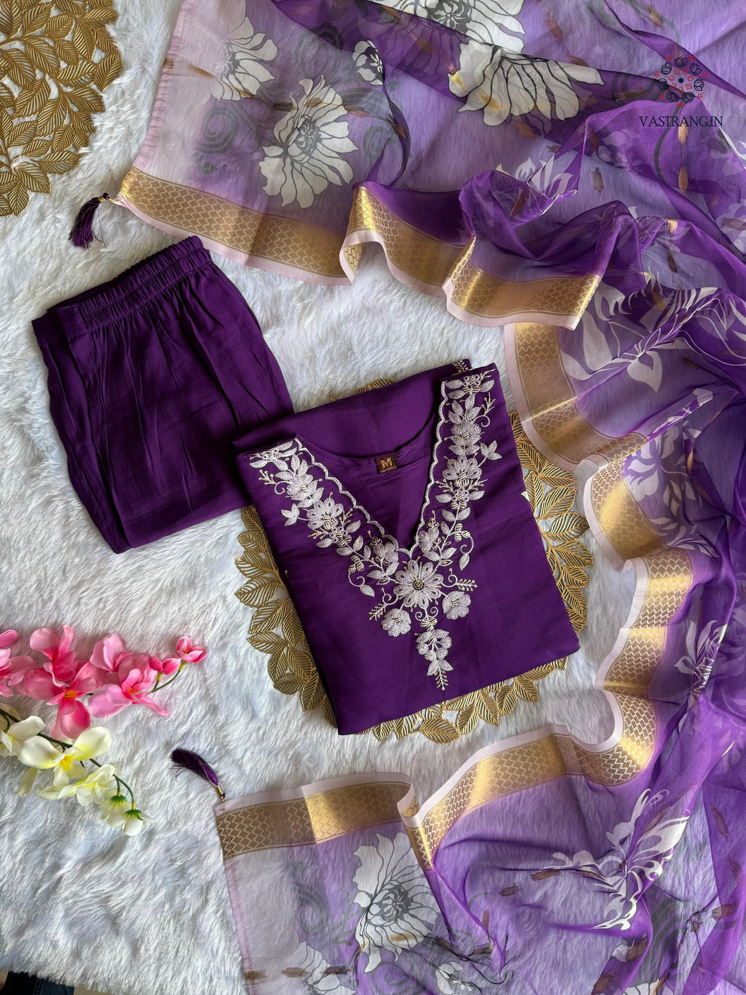 New Wedding Wear Purple Color Roman Silk Embroidery n Sequence Work Designer Straight Kurta With Trouser n Dupatta Set