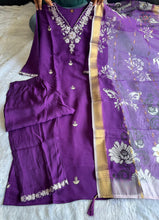 Load image into Gallery viewer, New Wedding Wear Purple Color Roman Silk Embroidery n Sequence Work Designer Straight Kurta With Trouser n Dupatta Set
