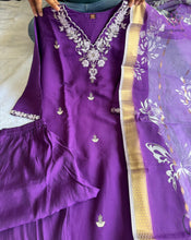 Load image into Gallery viewer, New Wedding Wear Purple Color Roman Silk Embroidery n Sequence Work Designer Straight Kurta With Trouser n Dupatta Set
