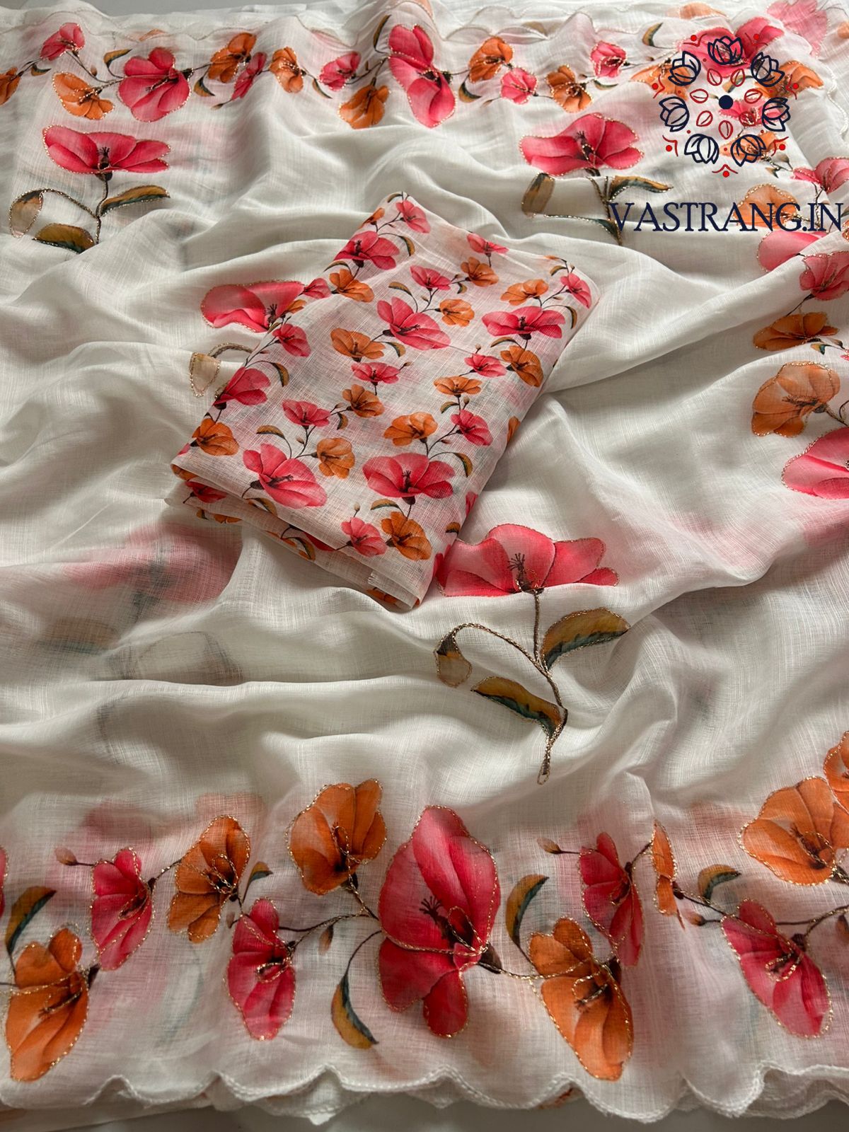 New Cotton Linen Fabric Print With Embroidery Arco Border Work Fancy Designer Saree With Blouse
