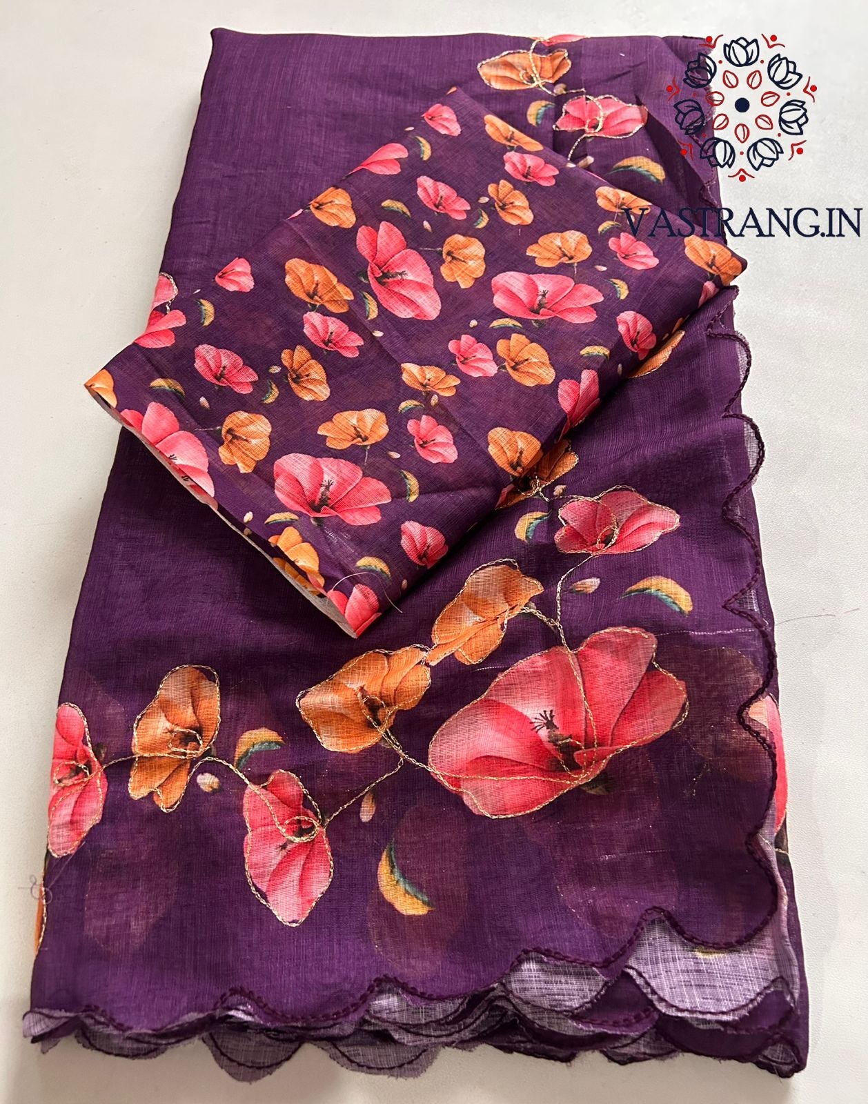 New Cotton Linen Fabric Print With Embroidery Arco Border Work Fancy Designer Saree With Blouse