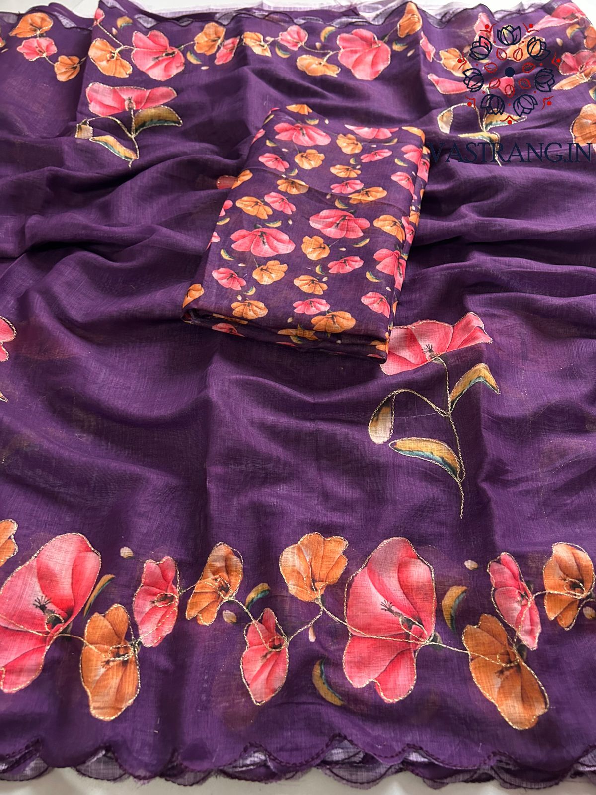New Cotton Linen Fabric Print With Embroidery Arco Border Work Fancy Designer Saree With Blouse