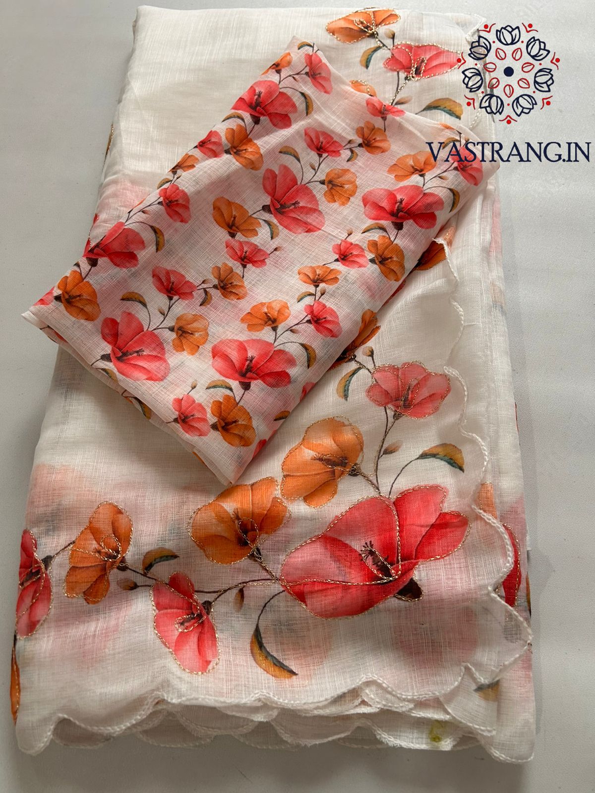 New Cotton Linen Fabric Print With Embroidery Arco Border Work Fancy Designer Saree With Blouse