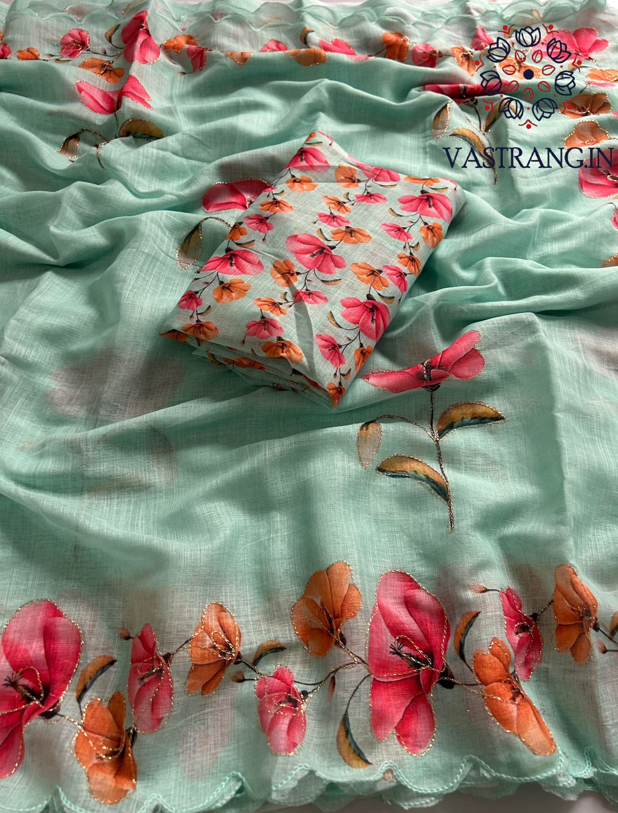 New Cotton Linen Fabric Print With Embroidery Arco Border Work Fancy Designer Saree With Blouse