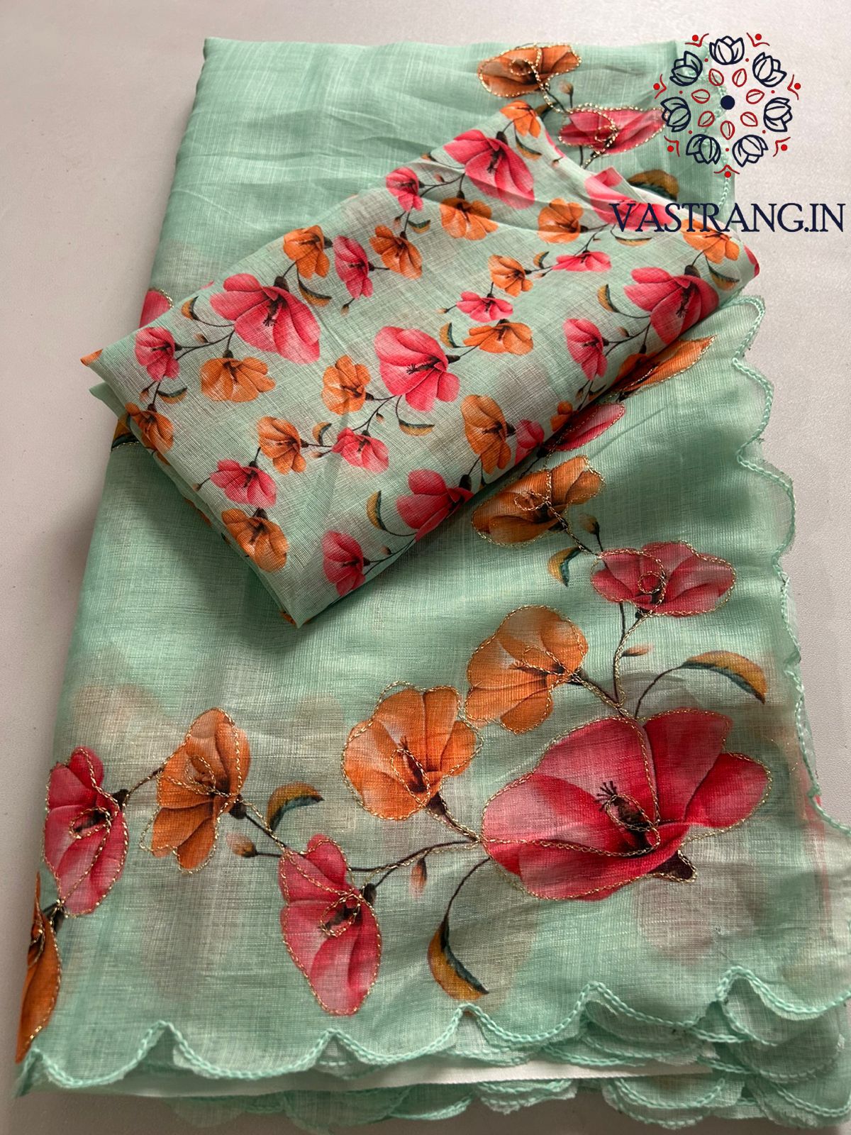 New Cotton Linen Fabric Print With Embroidery Arco Border Work Fancy Designer Saree With Blouse