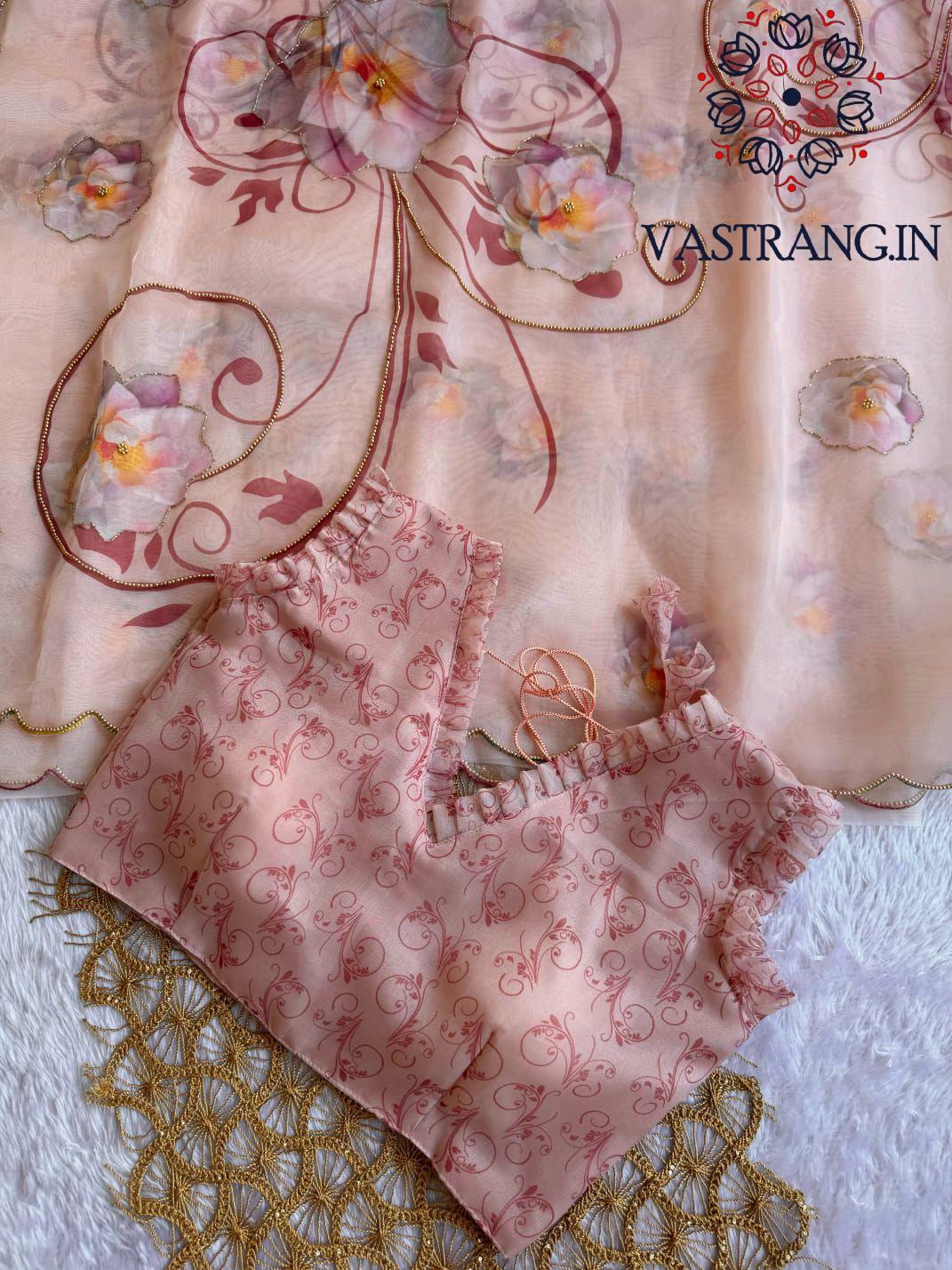 New Partywear Peach Color Organza Silk Printed Hand Work Fancy Designer Saree With Unstitched Blouse