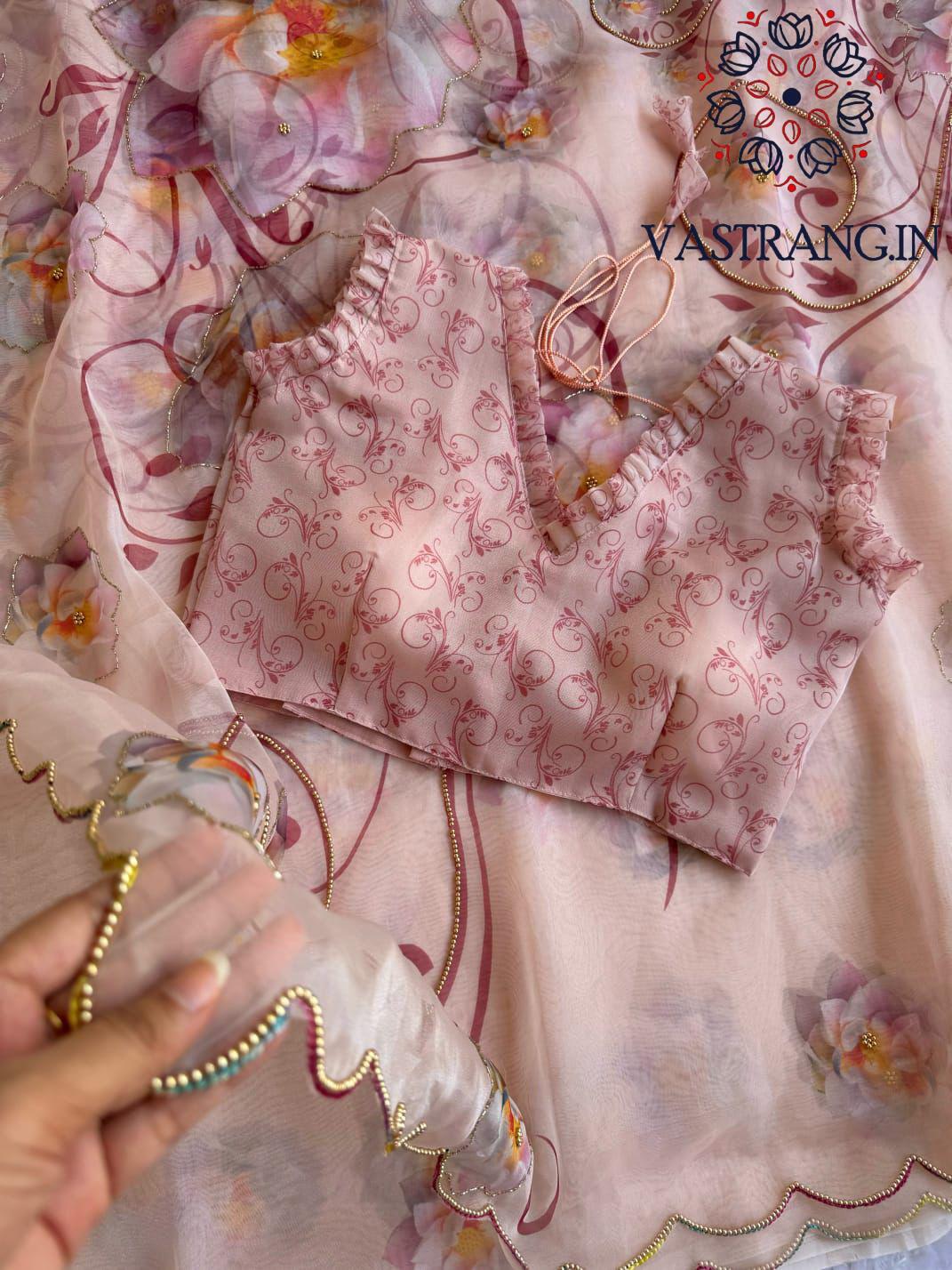 New Partywear Peach Color Organza Silk Printed Hand Work Fancy Designer Saree With Unstitched Blouse
