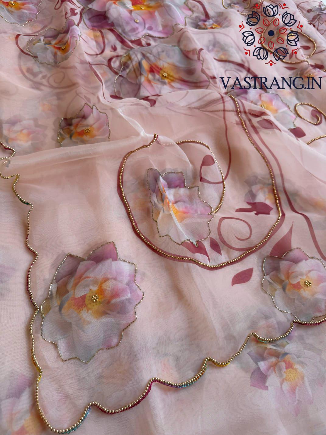 New Partywear Peach Color Organza Silk Printed Hand Work Fancy Designer Saree With Unstitched Blouse