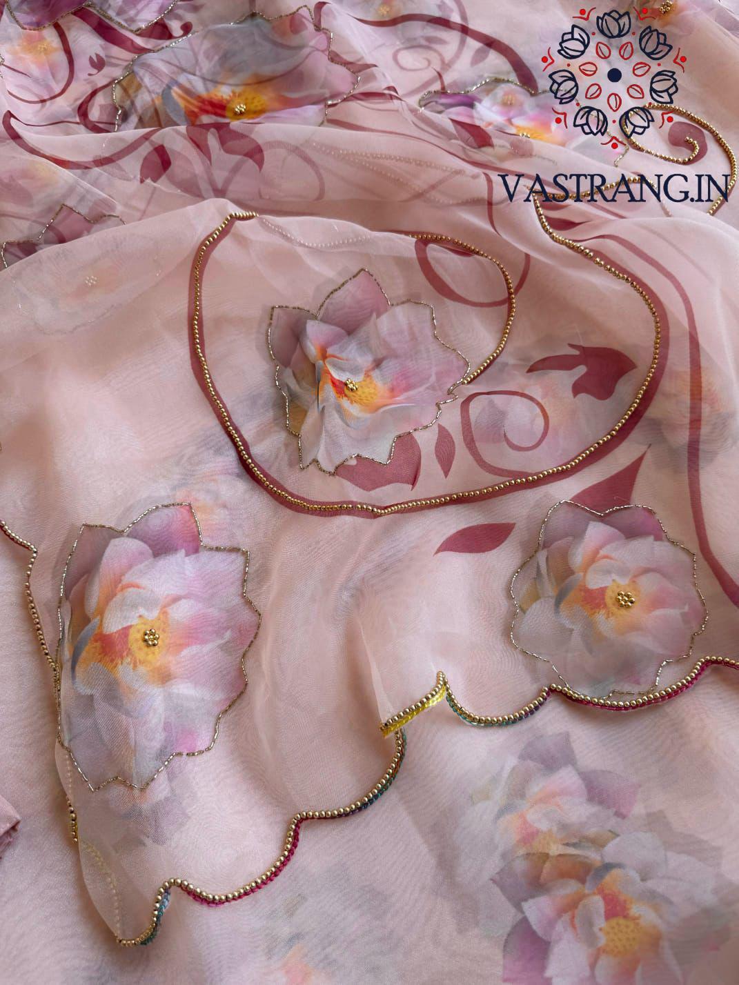 New Partywear Peach Color Organza Silk Printed Hand Work Fancy Designer Saree With Unstitched Blouse