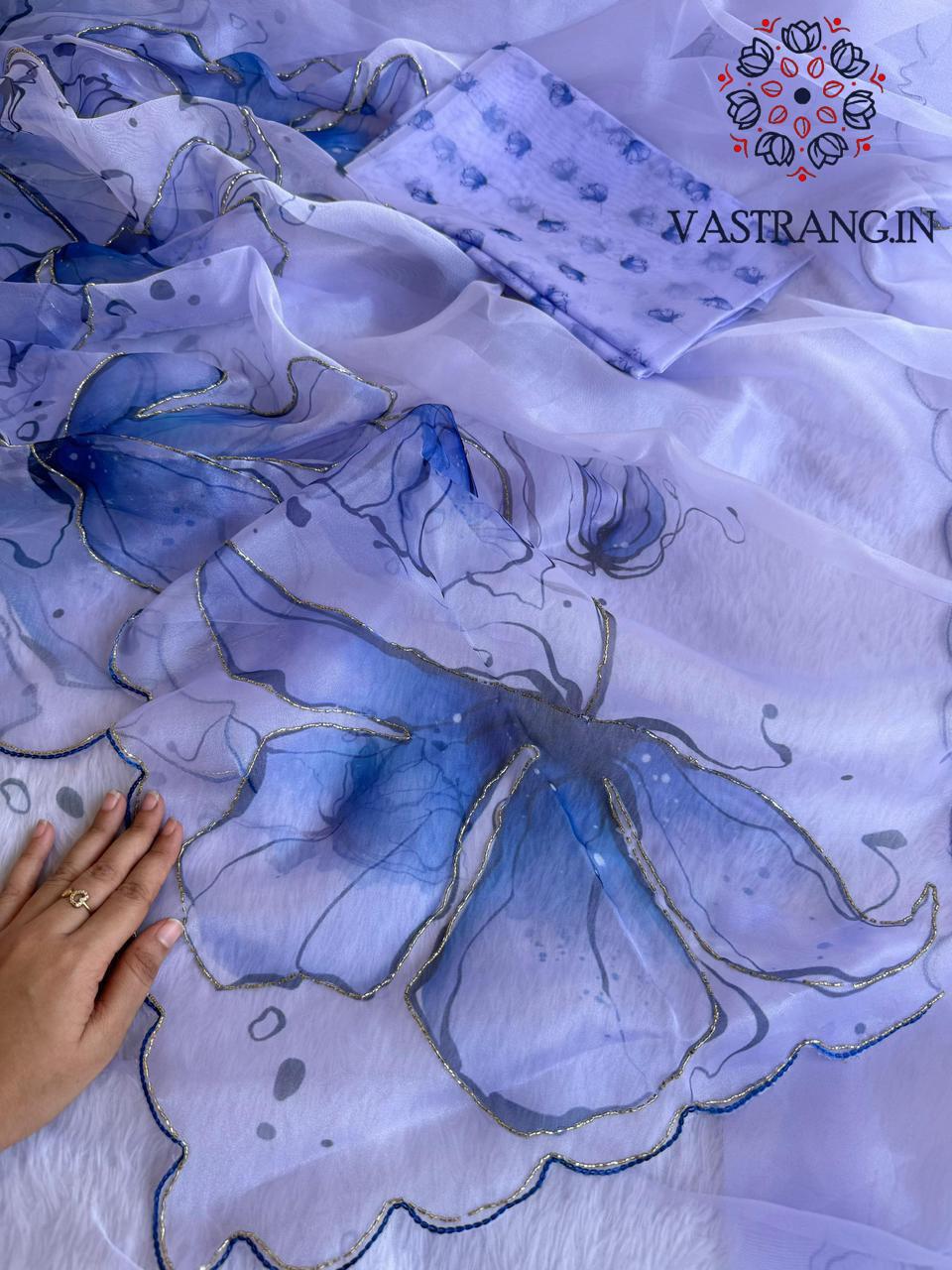 New Partywear Purple Color Organza Silk Printed Hand Work Fancy Designer Saree With Unstitched Blouse