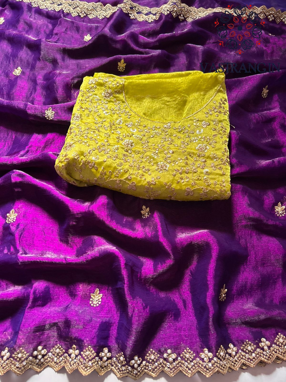 New Partywear Purple Color Crunchy Chiffon Crush Silk Embroidery n Cut Work Fancy Designer Saree
