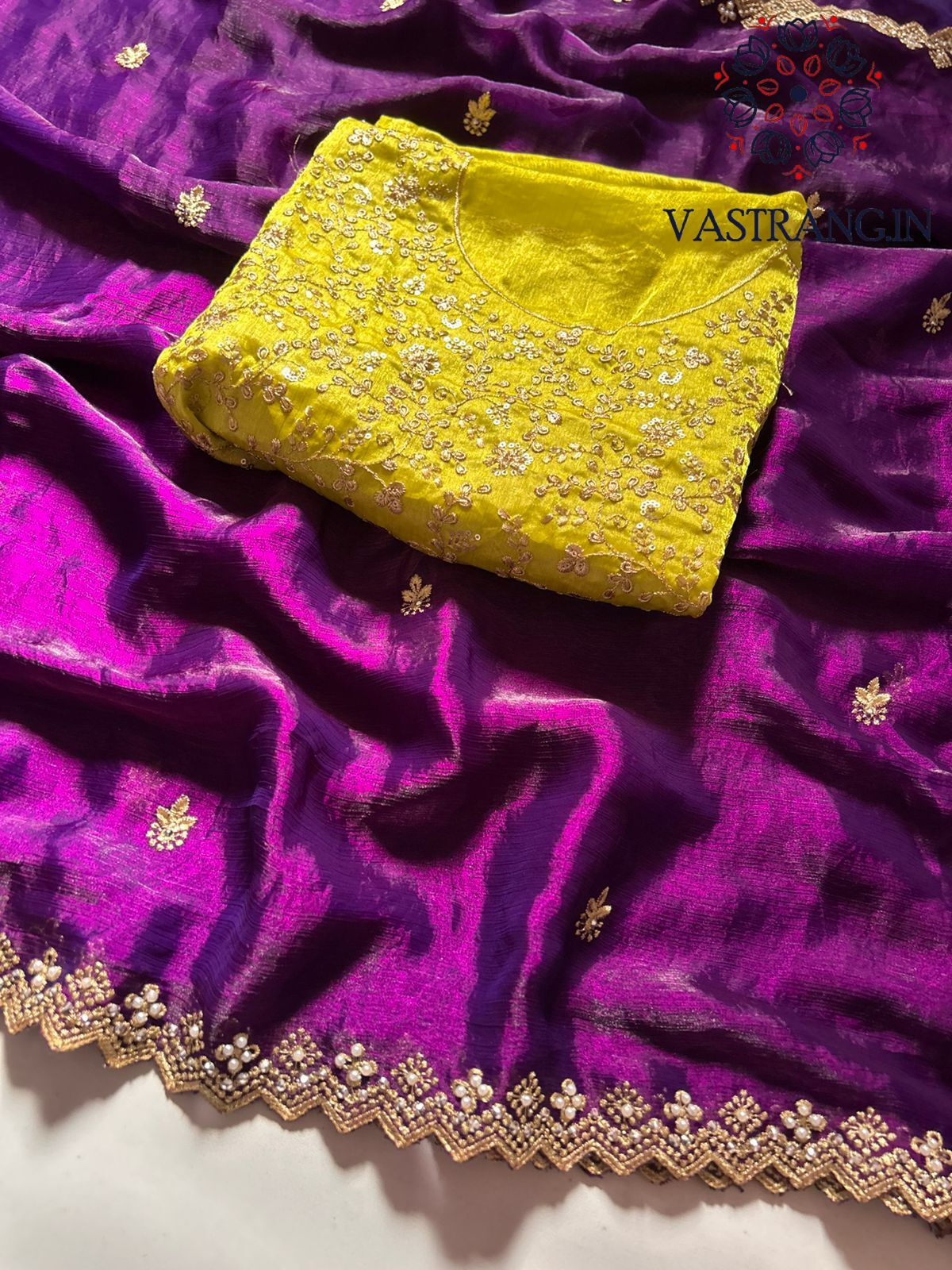 New Partywear Purple Color Crunchy Chiffon Crush Silk Embroidery n Cut Work Fancy Designer Saree