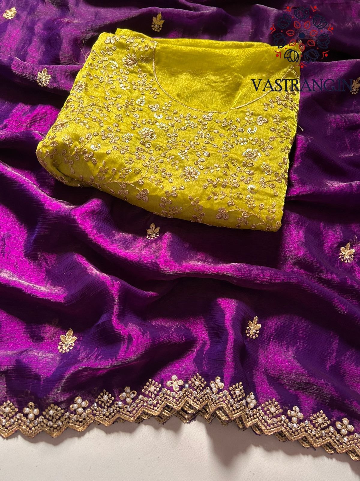 New Partywear Purple Color Crunchy Chiffon Crush Silk Embroidery n Cut Work Fancy Designer Saree