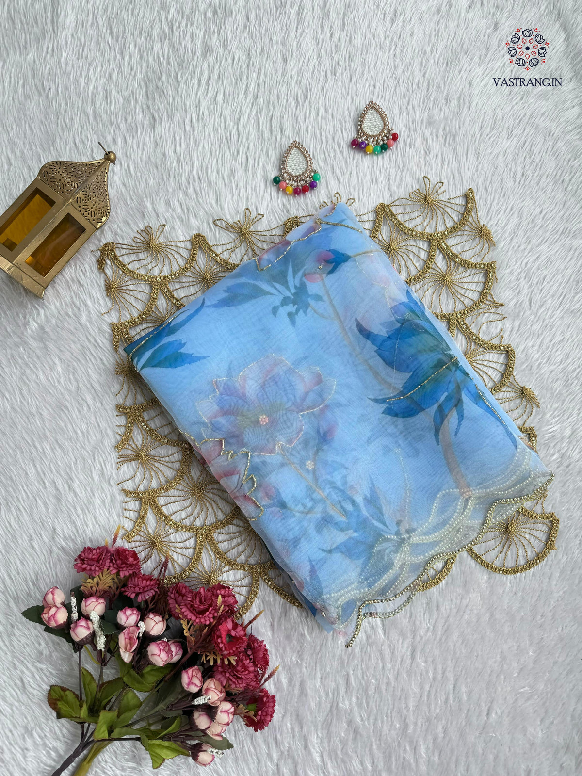 New Partywear Skyblue Color Organza Silk Printed Hand Work Fancy Designer Saree With Unstitched Blouse