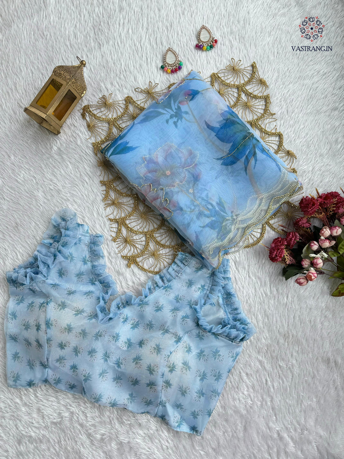 New Partywear Skyblue Color Organza Silk Printed Hand Work Fancy Designer Saree With Unstitched Blouse