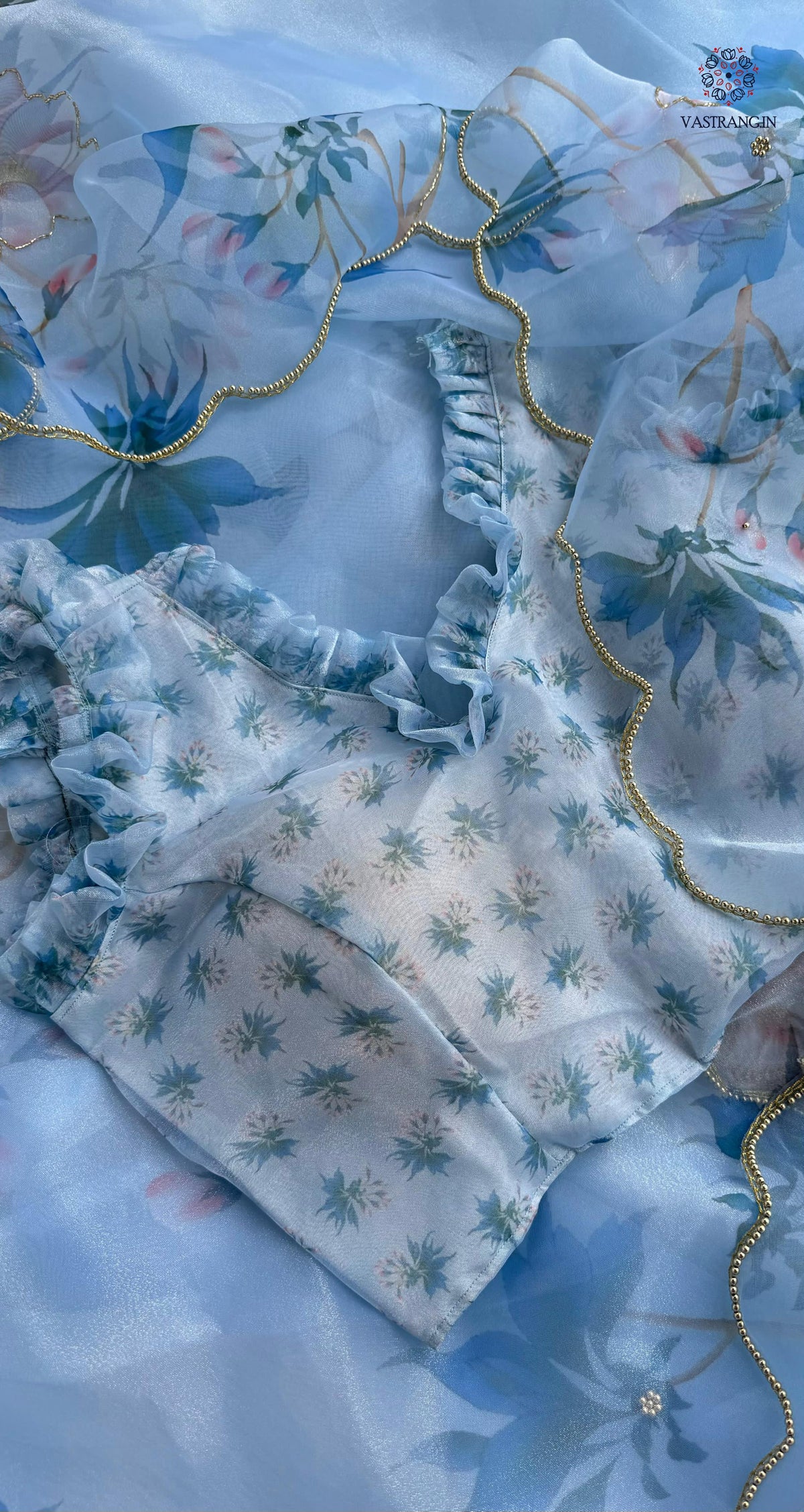New Partywear Skyblue Color Organza Silk Printed Hand Work Fancy Designer Saree With Unstitched Blouse