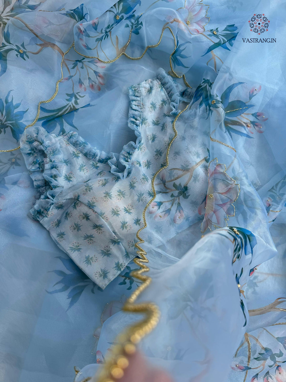 New Partywear Skyblue Color Organza Silk Printed Hand Work Fancy Designer Saree With Unstitched Blouse