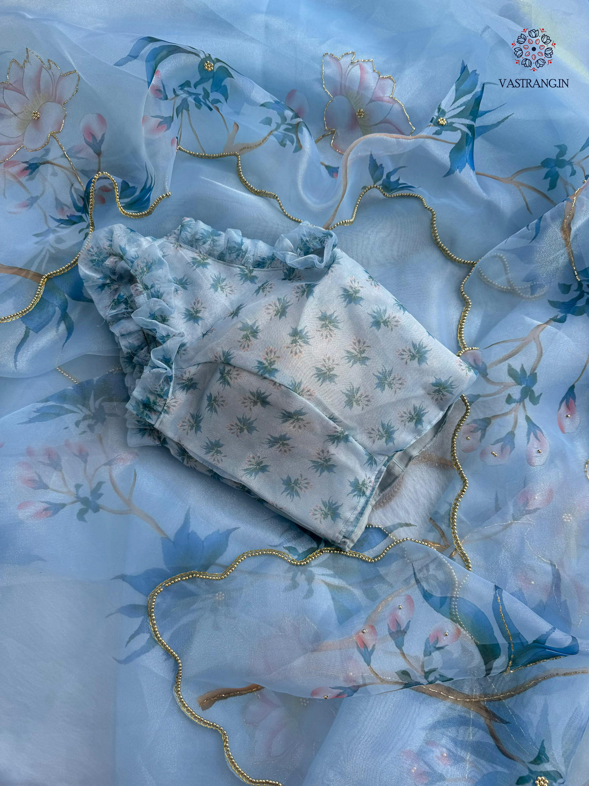 New Partywear Skyblue Color Organza Silk Printed Hand Work Fancy Designer Saree With Unstitched Blouse