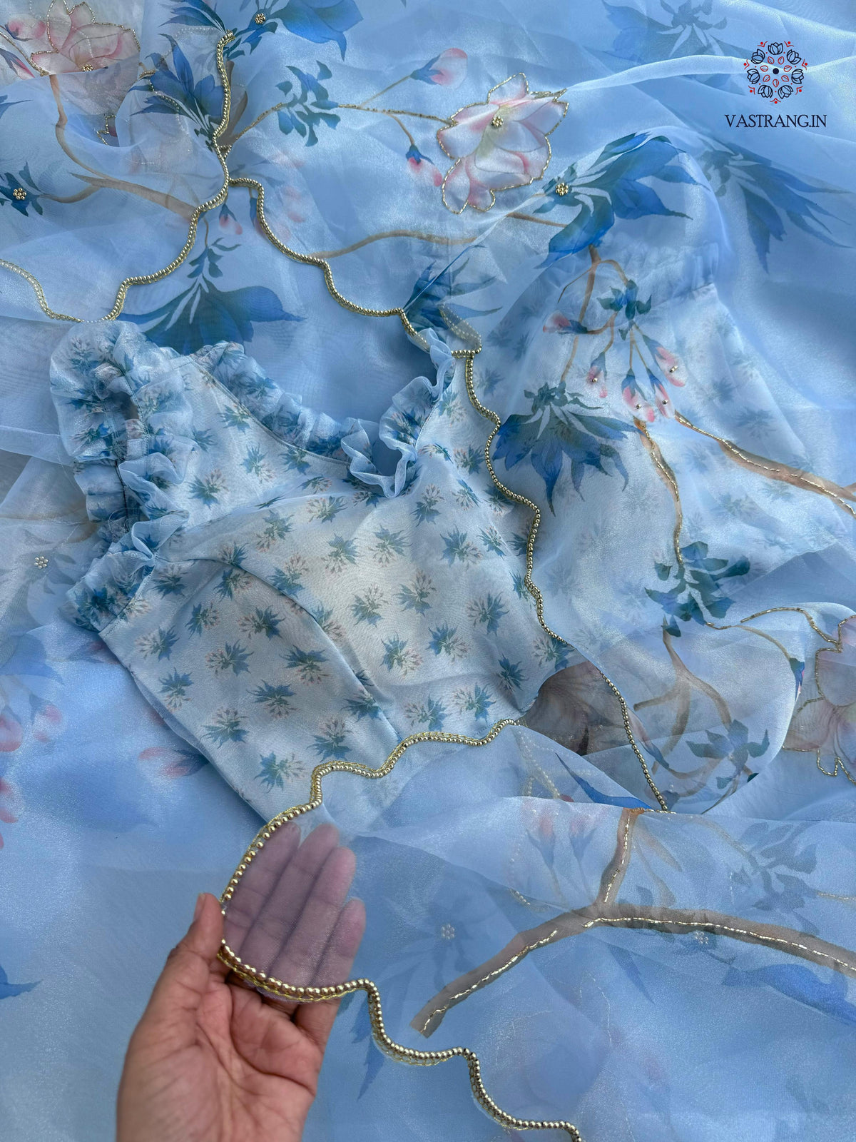 New Partywear Skyblue Color Organza Silk Printed Hand Work Fancy Designer Saree With Unstitched Blouse