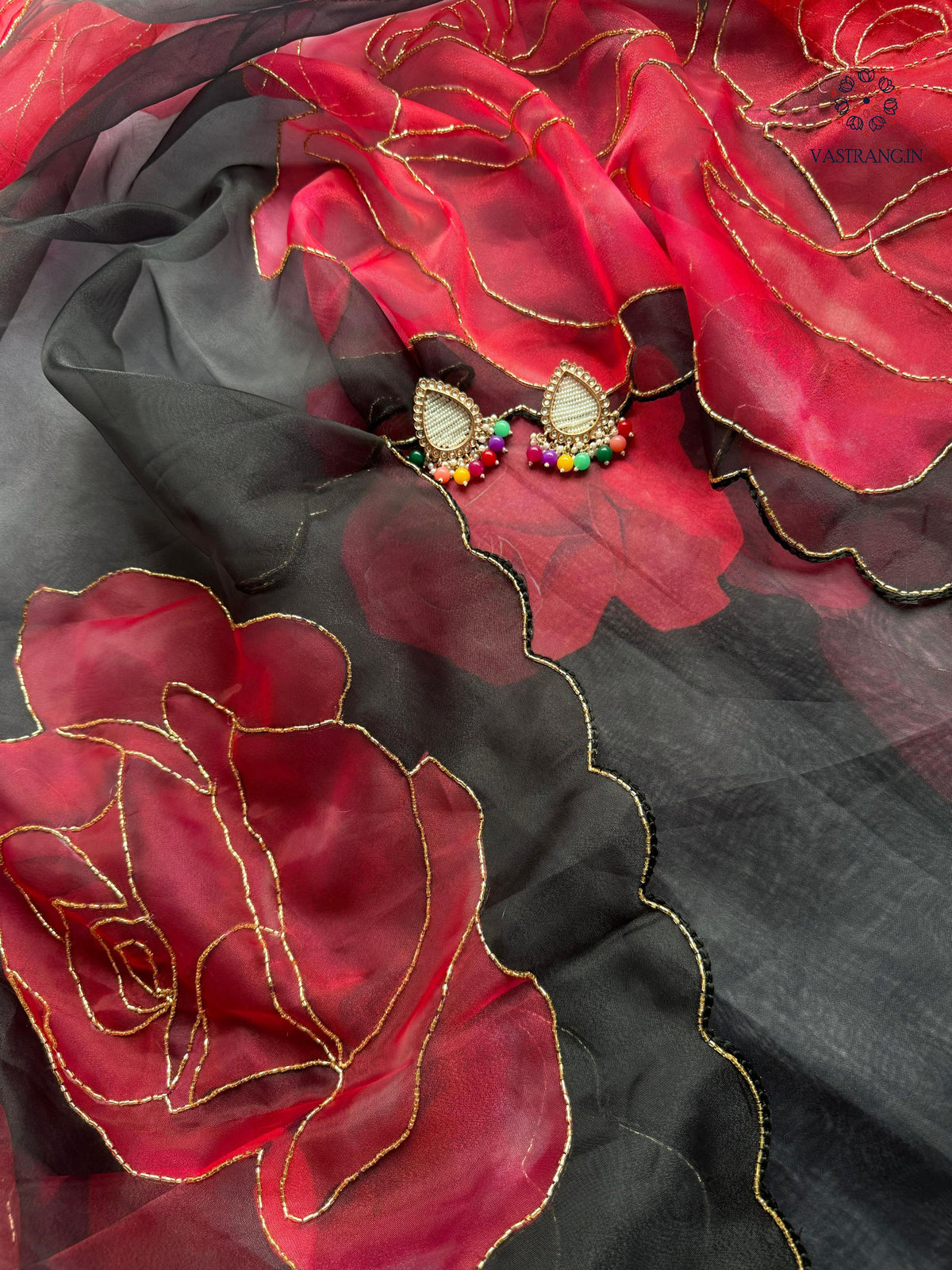 New Partywear Black Color Organza Silk Printed Hand Work Fancy Designer Saree With Unstitched Blouse