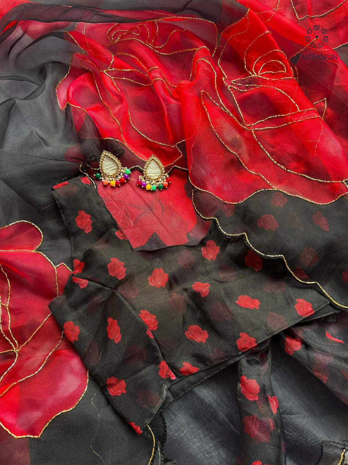 New Partywear Black Color Organza Silk Printed Hand Work Fancy Designer Saree With Unstitched Blouse