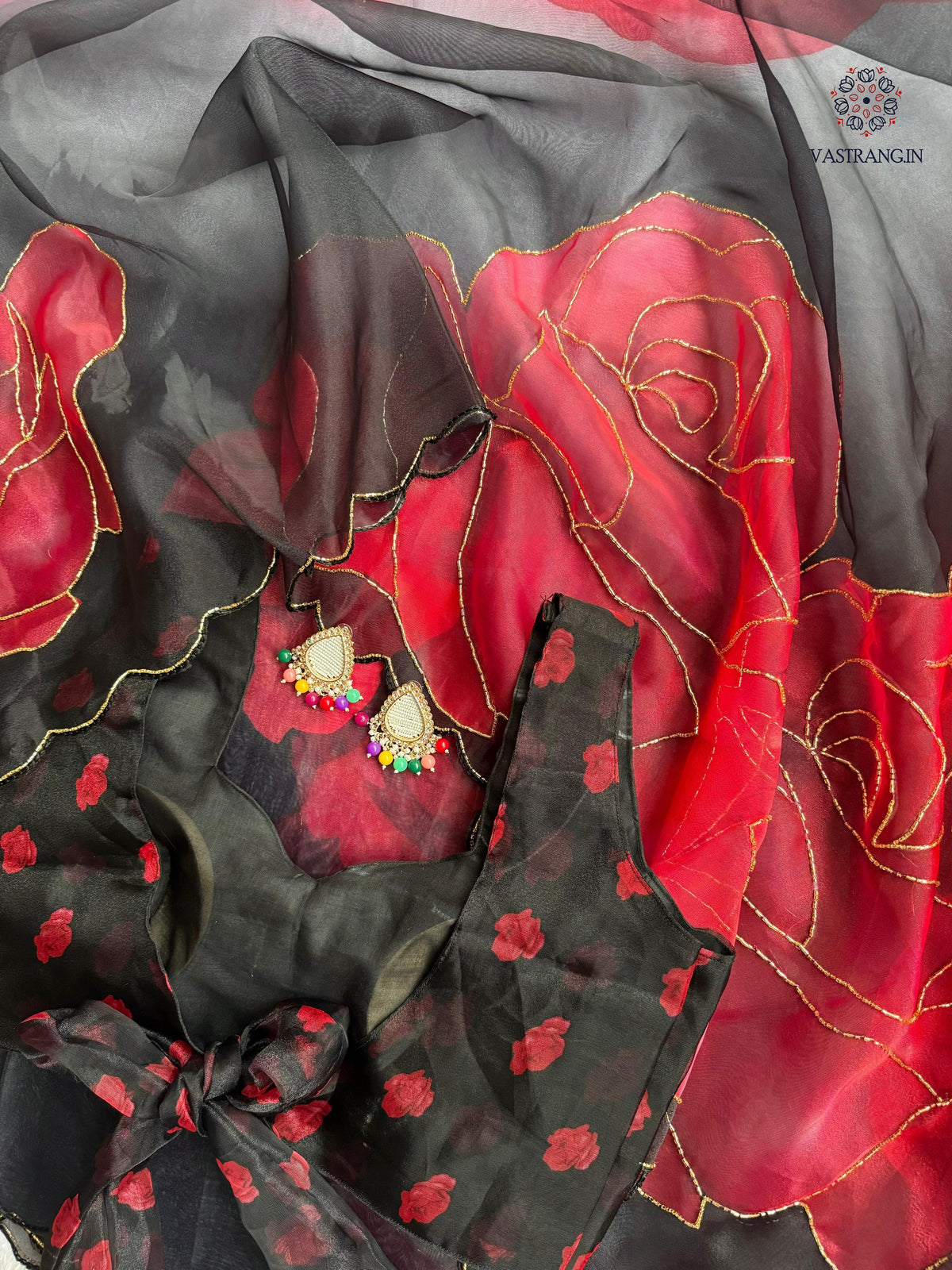 New Partywear Black Color Organza Silk Printed Hand Work Fancy Designer Saree With Unstitched Blouse