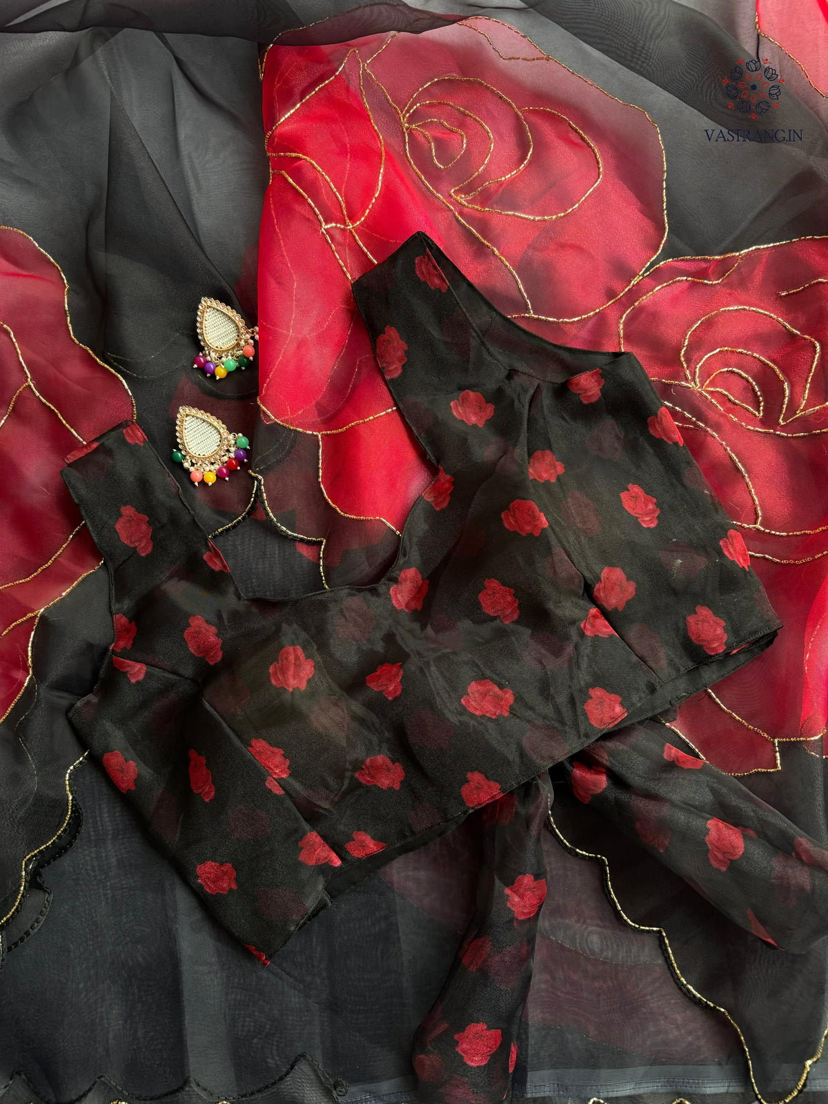 New Partywear Black Color Organza Silk Printed Hand Work Fancy Designer Saree With Unstitched Blouse