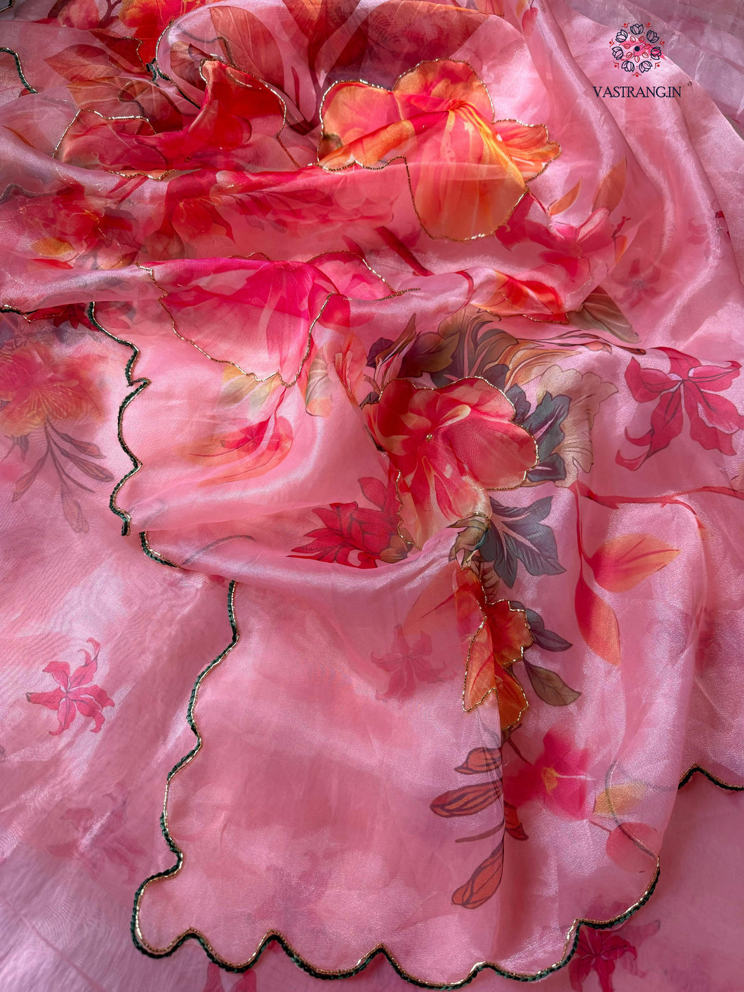 New Partywear Pink Color Organza Silk Printed Hand Work Fancy Designer Saree With Unstitched Blouse