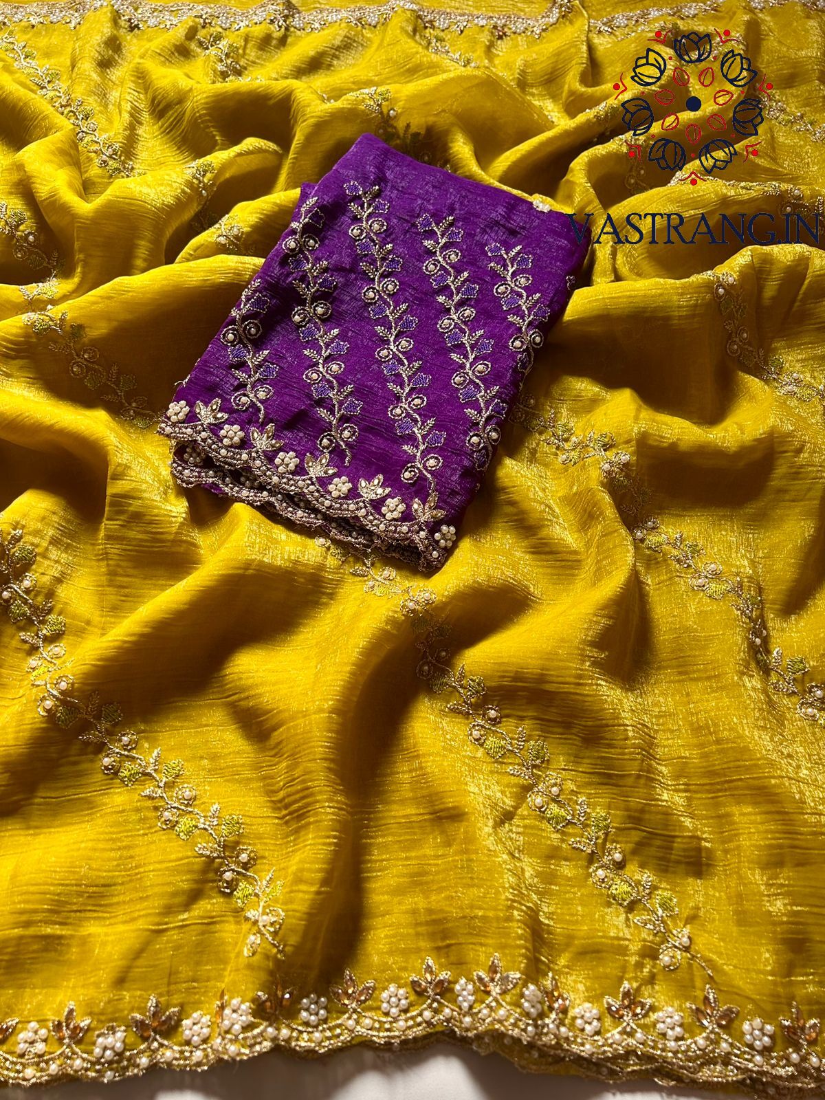 Latest Partywear Crunchy Chiffon Crush Silk Embroidery n Cut Work Fancy Designer Saree With Blouse