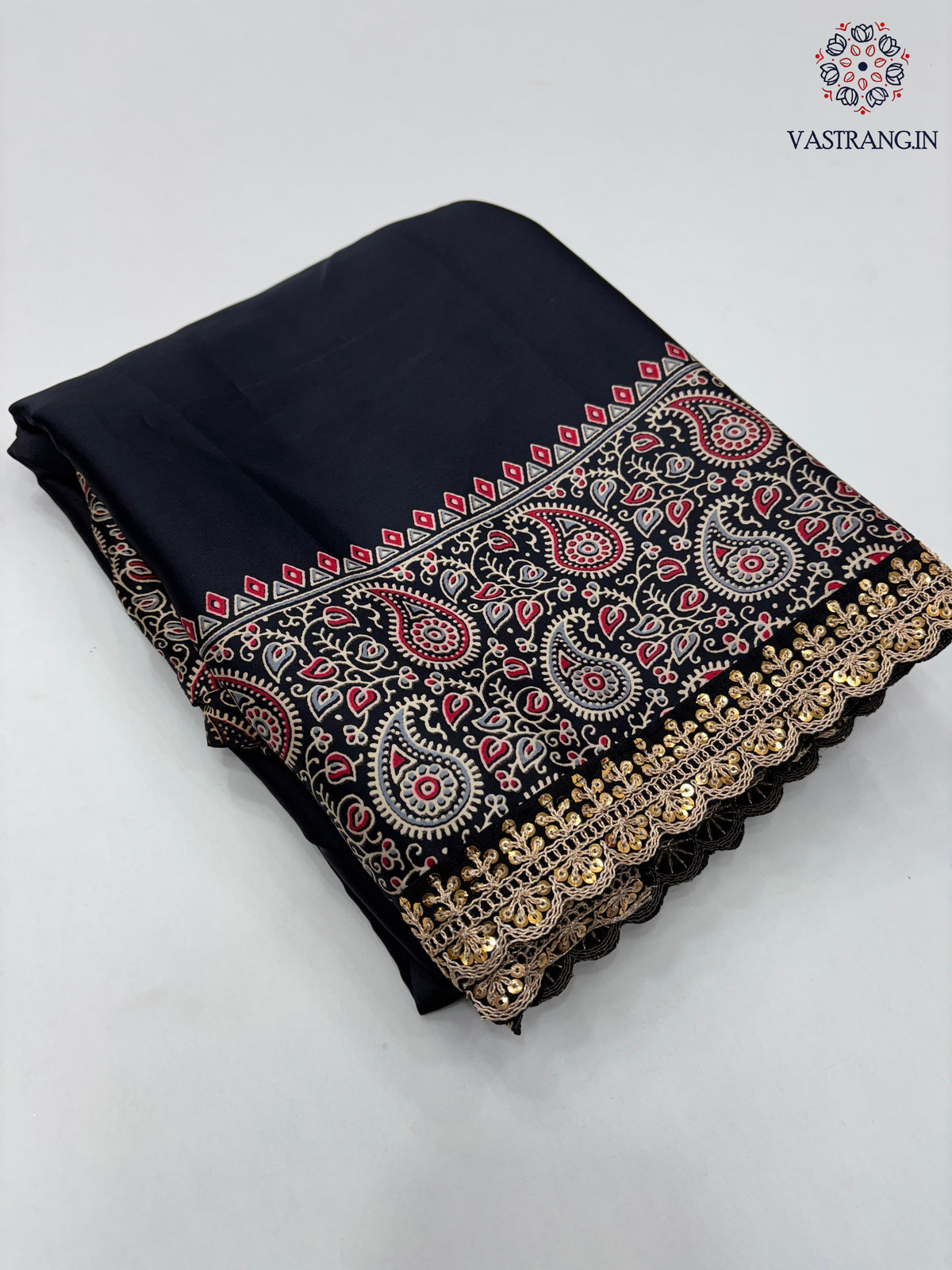 New Function Wear Black Color Pure Satin Silk Ajrak Printed Rich Pallu n Sequence Lace Work Fancy Designer Saree