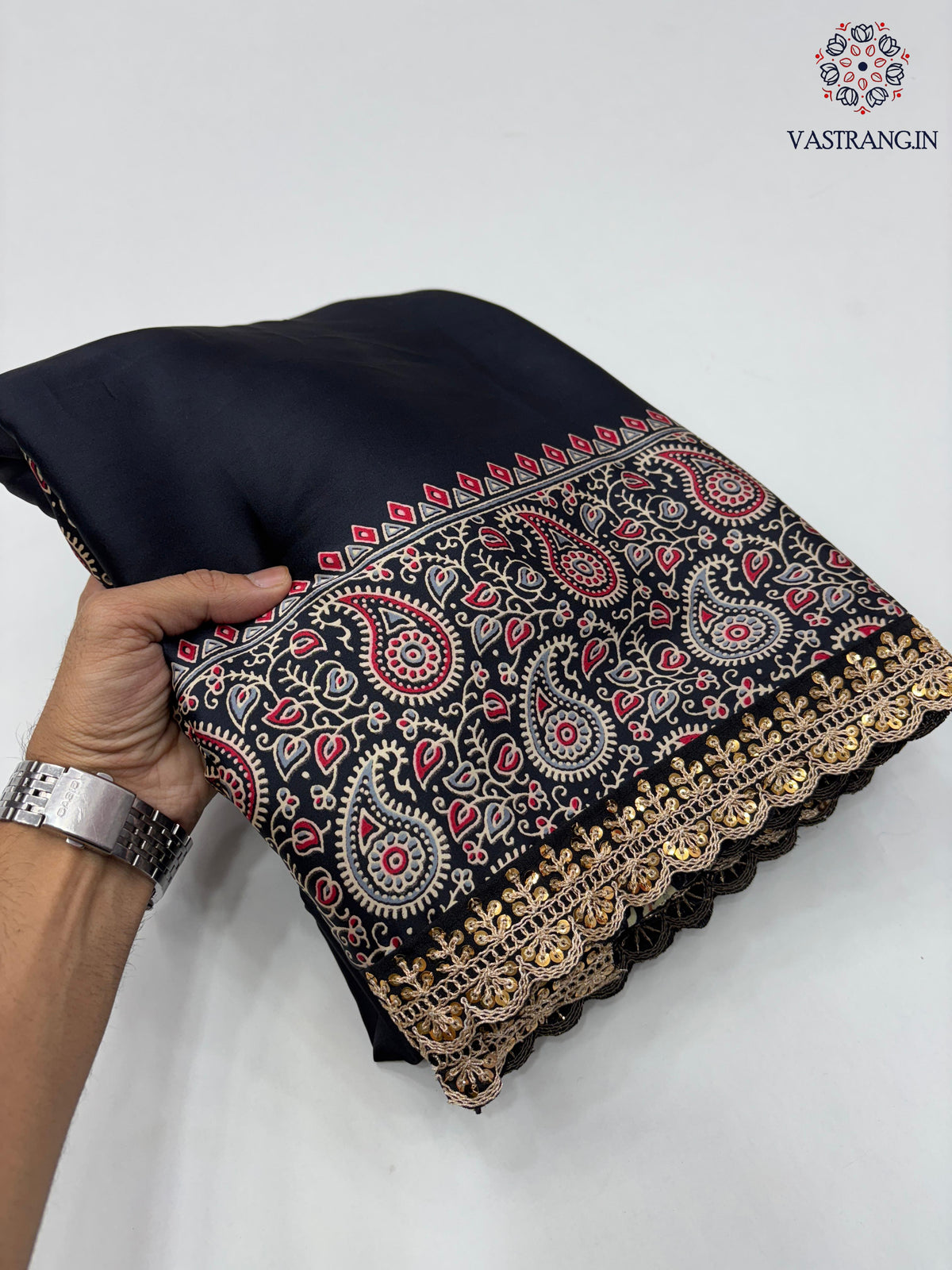 New Function Wear Black Color Pure Satin Silk Ajrak Printed Rich Pallu n Sequence Lace Work Fancy Designer Saree