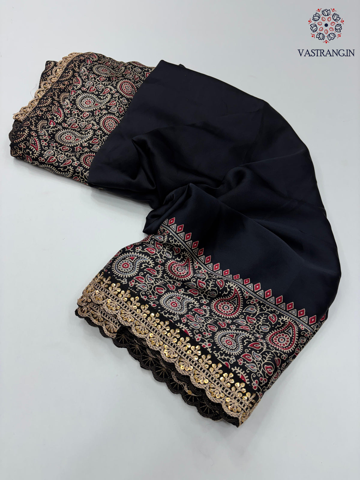 New Function Wear Black Color Pure Satin Silk Ajrak Printed Rich Pallu n Sequence Lace Work Fancy Designer Saree