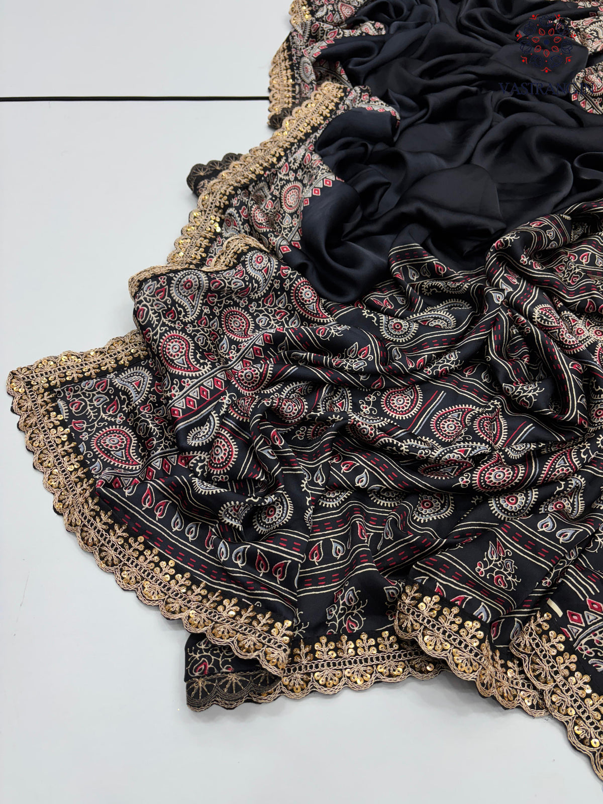 New Function Wear Black Color Pure Satin Silk Ajrak Printed Rich Pallu n Sequence Lace Work Fancy Designer Saree