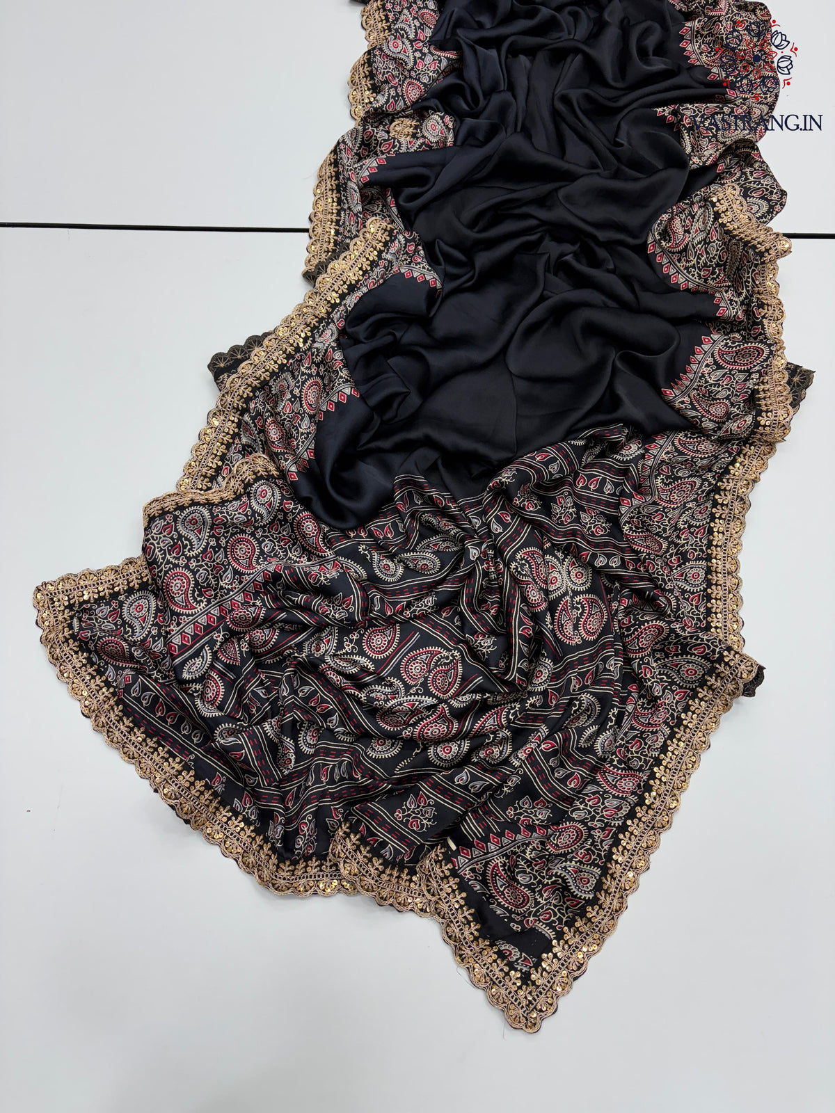 New Function Wear Black Color Pure Satin Silk Ajrak Printed Rich Pallu n Sequence Lace Work Fancy Designer Saree
