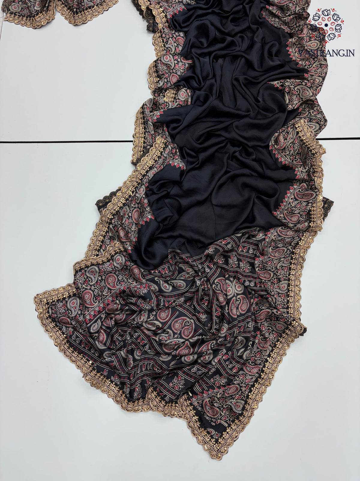 New Function Wear Black Color Pure Satin Silk Ajrak Printed Rich Pallu n Sequence Lace Work Fancy Designer Saree