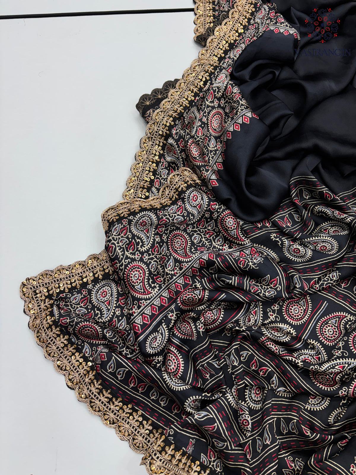 New Function Wear Black Color Pure Satin Silk Ajrak Printed Rich Pallu n Sequence Lace Work Fancy Designer Saree