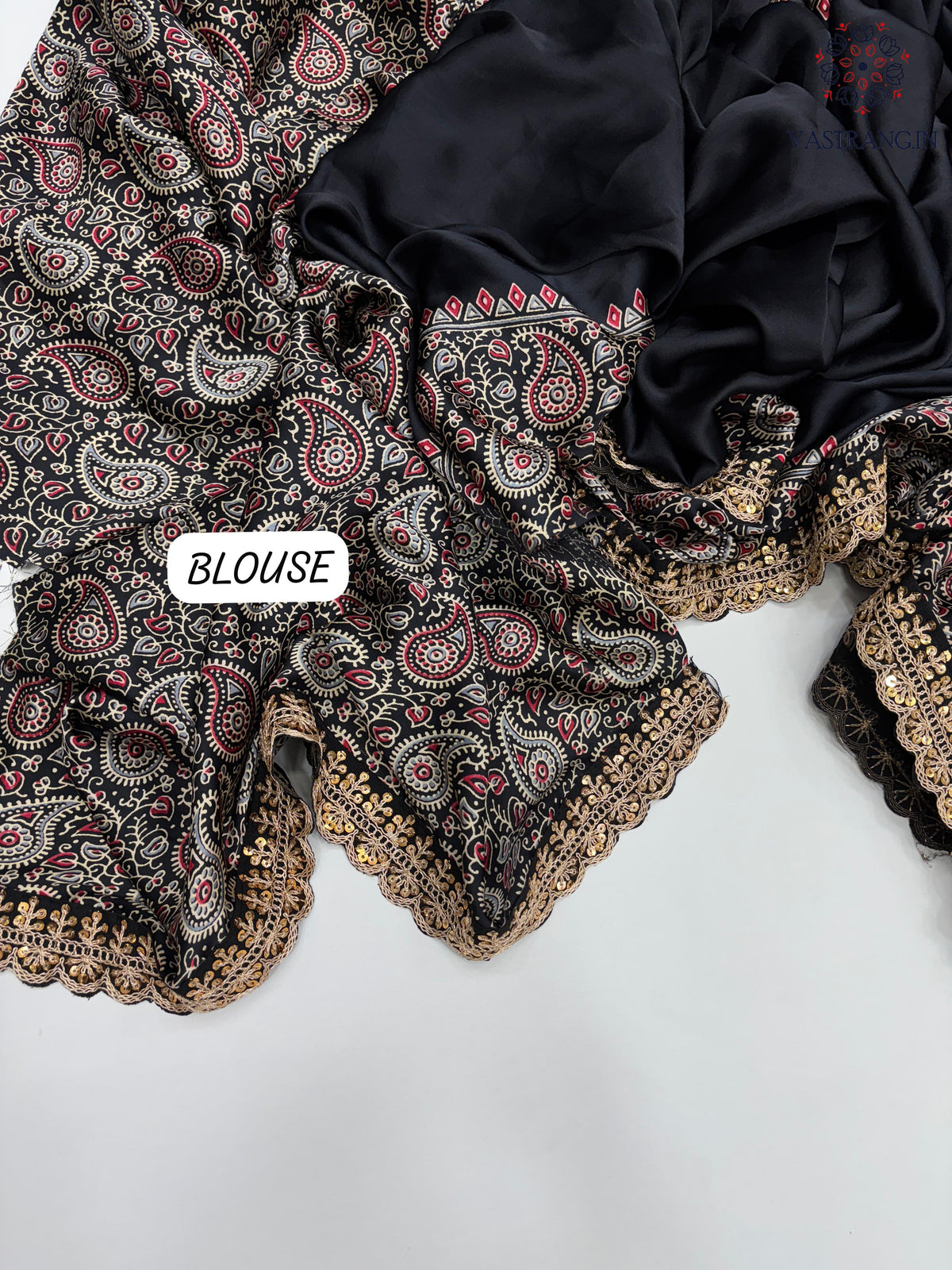 New Function Wear Black Color Pure Satin Silk Ajrak Printed Rich Pallu n Sequence Lace Work Fancy Designer Saree
