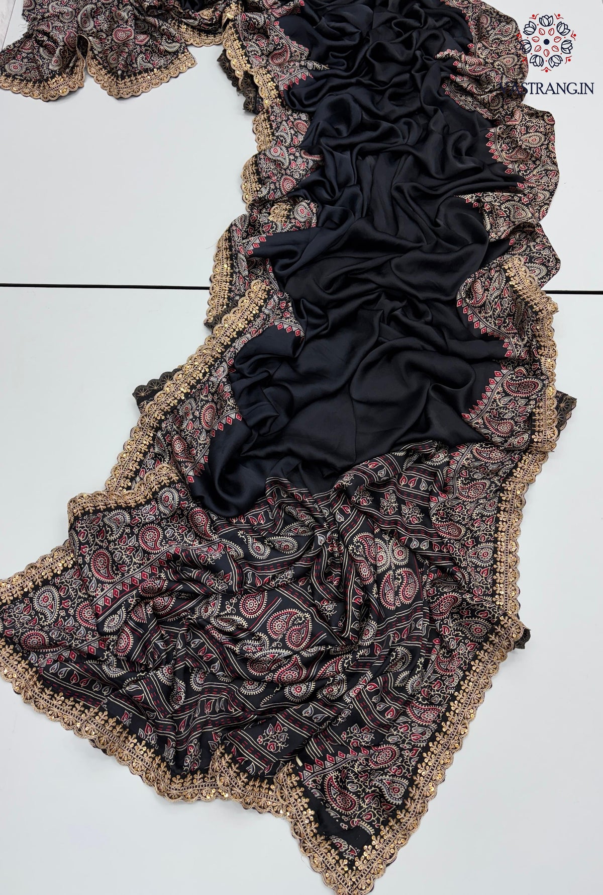 New Function Wear Black Color Pure Satin Silk Ajrak Printed Rich Pallu n Sequence Lace Work Fancy Designer Saree
