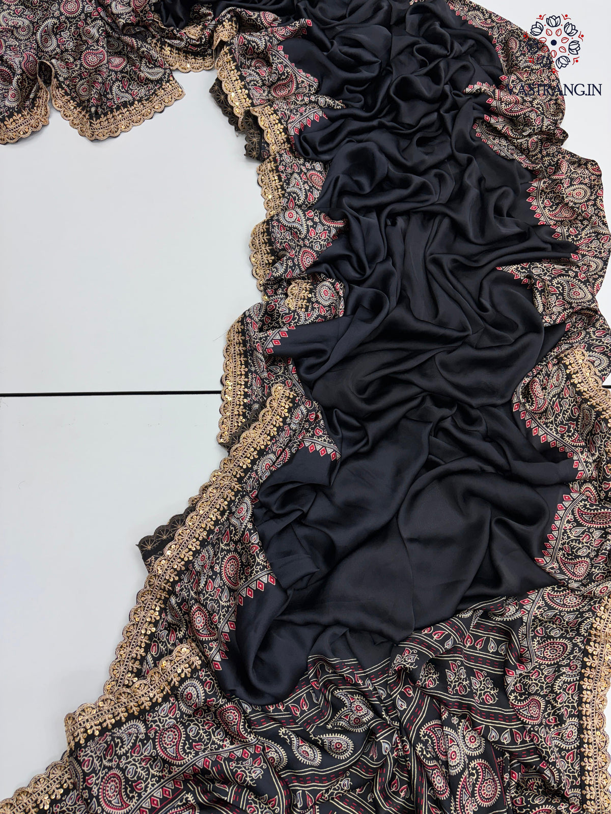 New Function Wear Black Color Pure Satin Silk Ajrak Printed Rich Pallu n Sequence Lace Work Fancy Designer Saree