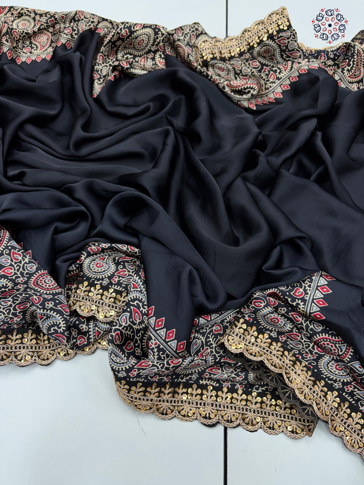 New Function Wear Black Color Pure Satin Silk Ajrak Printed Rich Pallu n Sequence Lace Work Fancy Designer Saree