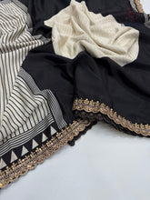 Load image into Gallery viewer, New Function Wear Black n White Color Pure Satin Silk Ajrak Printed Rich Pallu n Sequence Lace Work Fancy Designer Saree
