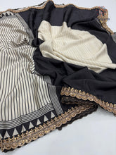 Load image into Gallery viewer, New Function Wear Black n White Color Pure Satin Silk Ajrak Printed Rich Pallu n Sequence Lace Work Fancy Designer Saree

