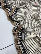 Load image into Gallery viewer, New Function Wear Black n White Color Pure Satin Silk Ajrak Printed Rich Pallu n Sequence Lace Work Fancy Designer Saree
