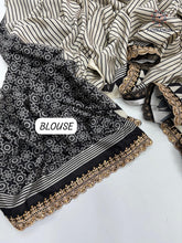 Load image into Gallery viewer, New Function Wear Black n White Color Pure Satin Silk Ajrak Printed Rich Pallu n Sequence Lace Work Fancy Designer Saree
